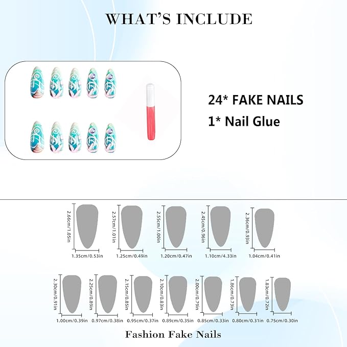 IMRAIN Blue Press on Nails Medium Almond Fake Nails with Cute Conch & Starfish Design Glossy Acrylic False Nails Full Cover Artificial Glue on Nails Summer Stick on Nails for Women Girls