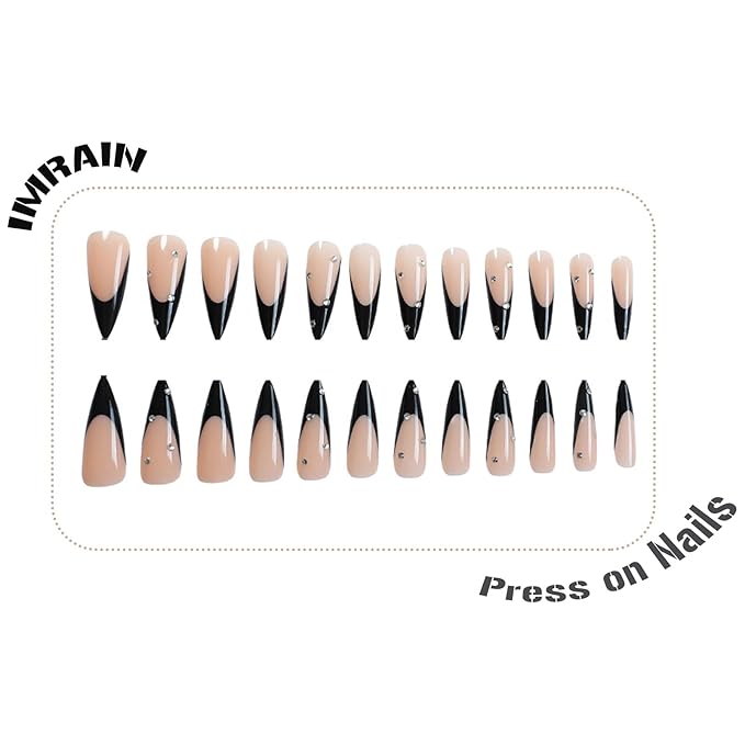 IMRAIN Long Press on Nails Stiletto Fake Nails Black French Tips False Nails with Rhinestone Designs Reusable Acrylic Nude Full Cover Glue on Nails 24Pcs