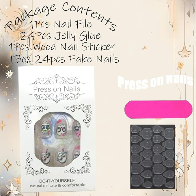 Pink Halloween Press on Nails Medium Almond Fake Nails Gothic Halloween False Nails with Rose Bow Design Cute Skeleton Stick on Nail Goth Acrylic Nail for Women DIY Manicure Decorations 24Pcs