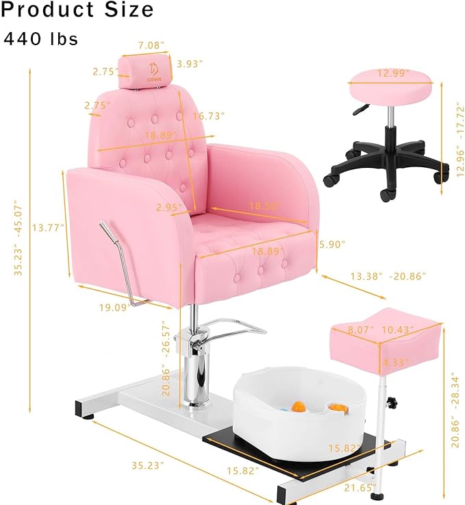 Reclining Pedicure Chair with Foot Massage Basin & Stool, Hydraulic Adjustable Pedicure Chair Station, 360° Rotation Beauty Spa Salon Unit Station Pink