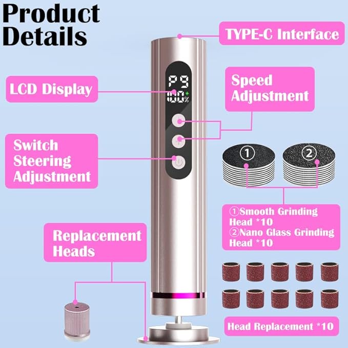 Ideal Swan 2 in 1 Electric Feet Callus Remover, 9 Adjustable Speed Foot File with Sandpaper Discs & Grinding Heads, Electric Foot Callus Remover Cutin Dead Skin calluses for Men Women(Pink)