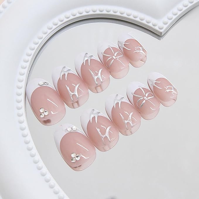 24Pcs White French Tip Press on Nails Short Almond Fake Nail with Shining Rhinestones Designs 3D Silver Bow Glue on Nails Glossy Acrylic Nail Nude Pink Full Cover False Nails for Women Daily Wear