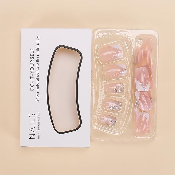 24Pcs Short Press on Nails Square Shape White French Tip Fake Nails 3D Flower Designs Star Glitter Glue on Nails Spring Acrylic Nails White Floral False Nails Nude French Stick on Nails for Women