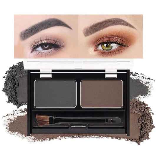 Eye Brow Powder for Women, Medium Brown Eyebrow Powder Kit with Double-ended Eyebrow Brush, Long-Lasting Waterproof Two Colors, Purse-Friendly Compact, Cruelty Free (Dark Brown+Dark Grey)