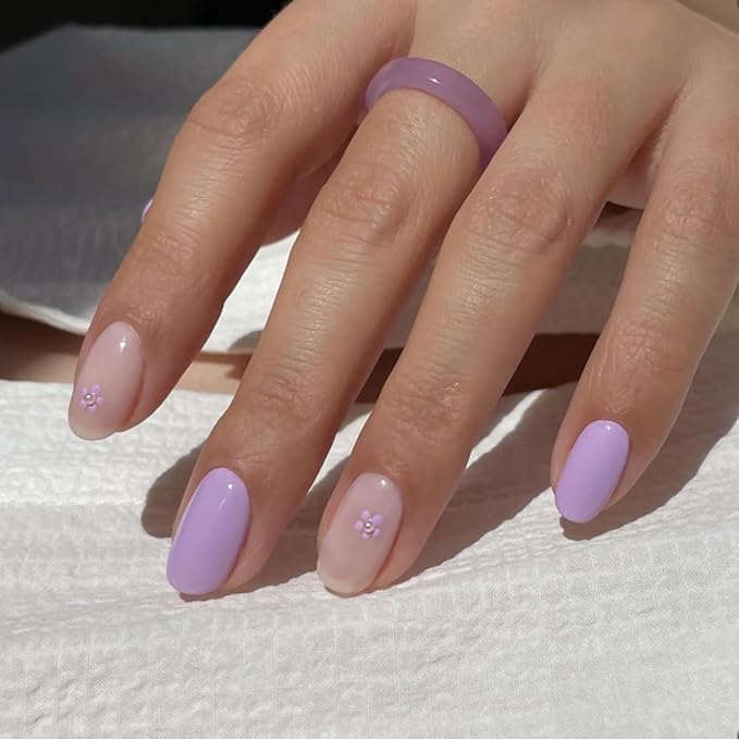 Lavender and Pink Press On Nails Square Short, Purple Flower Fake Nails with 3D Floral Design, Glossy Finish Reusable Acrylic Nails, Natural Glue On Nails Kit for Women, 24Pcs