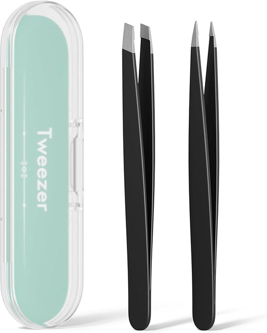 Tweezers for Women Facial Hair, Slant & Point Tip 2 Pack Eyebrow Tweezers for Men, Professional Tweezer Set Stainless Steel Precision Tweezers for Eyebrows, Splinter, Ingrown Hair Removal
