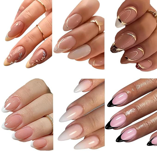 144 Pcs Press on Nails Medium Almond Fake Nails with Glue French Tip False Nails with Designs Glue on Nails Full Cover Acrylic Stick on Nail Reusable Artificial Nail for Women Manicure 6 Packs