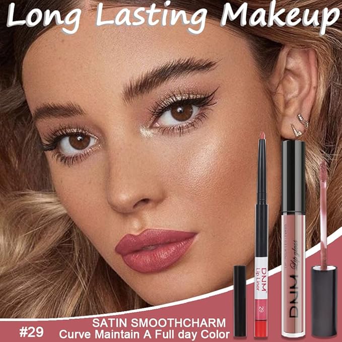 evpct 2Pcs Nude Pink Matte Lip Liner and Lipstick Pencil Makeup Set Brown Liquid Lipstick Lip gloss Stain Set Long Lasting Waterproof labiales mate 24 horas originales matte larga duracion 24 29#