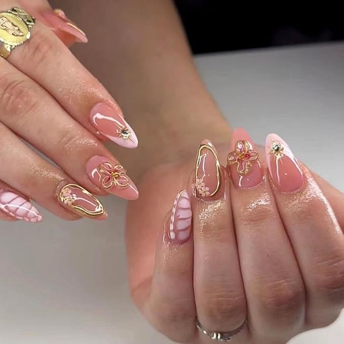 24Pcs Short Almond Press on Nails French Tip Fake Nails Acrylic Nail Kit 3D Flower Pearl Charms Full Cover Tips Stick on Nails Pink False Nails Spring Nails for Women Girls Manicure Salon Decorations