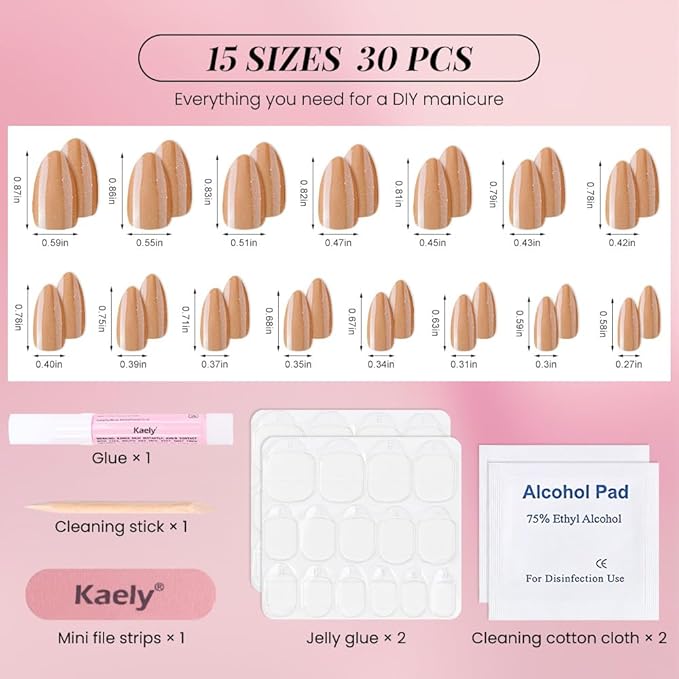 evpct Press on Nails Almond Short, Nude Brown Glitter Shimmer Shiny Short Almond Fake Nails for Women Gift, Soft Gel Press Glue On Nails with Nail Glue, 30Pcs Reusable Acrylic Fake Nail Manicure Kit