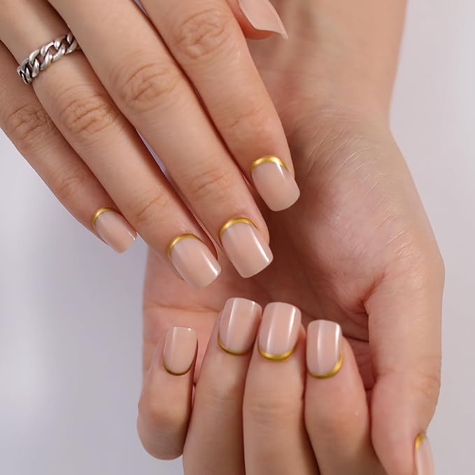 Short Press On Nails Square, Nude Fake Nails with Graceful Golden Curve at the Base, Glossy Gel Finish Acrylic Nails, Natural Reusable Glue On Nails Kit for Women, 15 Sizes - 30Pcs, Graceful Edge