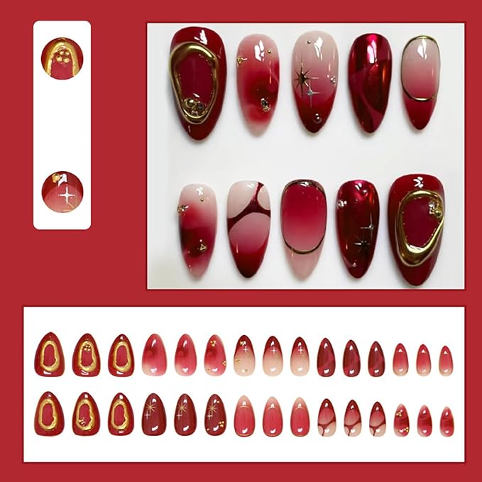 24Pcs Gradient Red Press on Nails Short Almond Fake Nails 3D Texture Gold Star Acrylic Nails Y2K Punk Artificial Glue on Nails Golden Line Full Cover False Nails Red Chrome Stick on Nails for Women