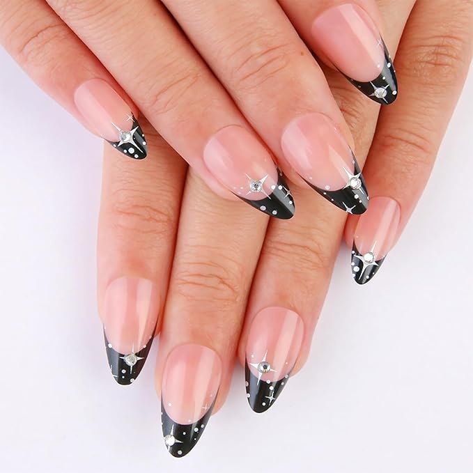 24Pcs Star Press on Nails Medium Almond Fake Nails Black French Tip False Nails with Round Silver Rhinestones Design Full Cover Glue on Nails Nude Artificial Nails Glitter Stick on Nails for Women DIY