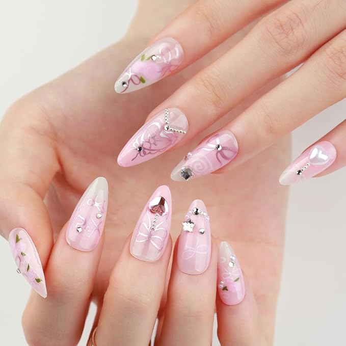 Pink Press on Nails Long Almond Fake Nails Rose Flower Bow with Pearl Design Star Rhinestone False Nails Gradient Stick on Nail Full Cover Acrylic Glue on Nail for Women DIY Salon Manicure Kit