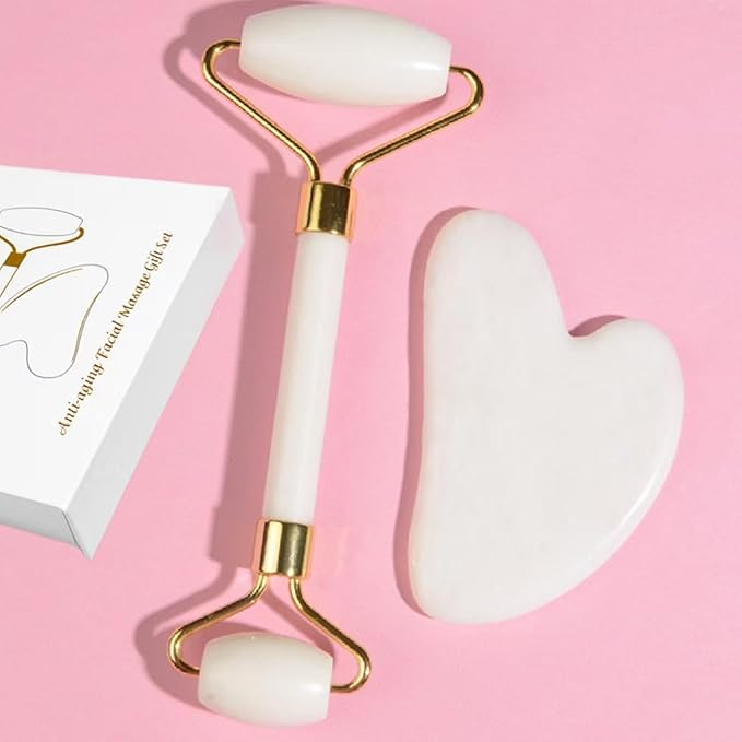 Natural Jade Roller & Gua Sha Set, Self Care Colorful Gift for Face Eye Neck Massager for Women Men, Jade Gua Sha Tool for Face for Skin Care, Improves Skin Tone-Beauty & Skincare (Black)