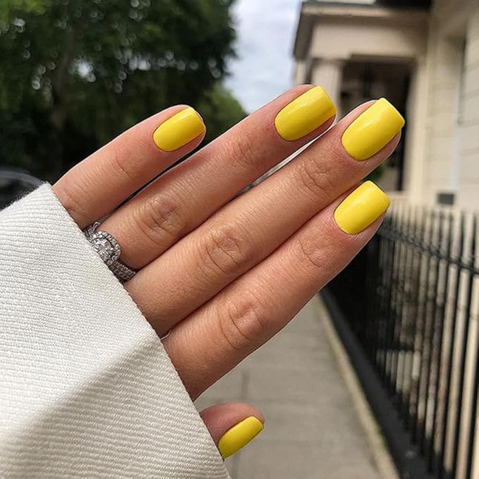 Short Press on Nails Square Yellow Set,Glazed Gel Nails Press on Acrylic Nail Pure Color Fake Short Nail Glue on Natural Petite False Nails Bright Stick on Nails 24 Pcs