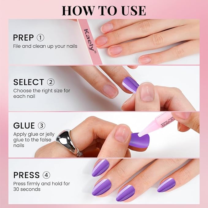 evpct Press on Nails Almond Short, Violet Purple Glitter Shimmer Shiny Short Almond Fake Nails for Women Gift, Soft Gel Press Glue On Nails with Nail Glue 30Pcs Reusable Acrylic Fake Nail Manicure Kit