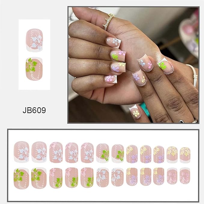 24Pcs Square Press on Nails Short Fake Nails French Tip False Nails with Flower Design Cute Acrylic Nails Full Cover Artificial Nails Glossy Nude Glue on Nails Stick on Nails for Women Manicure