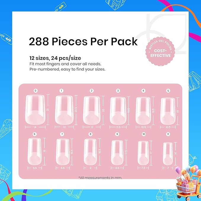 Beetles Short Square Gel Nail Tips 12 Sizes 288 PCS Half Matte Full Cover False Nails Clear Acrylic Nails Glue on Nails for Girls Women DIY Nail Extension