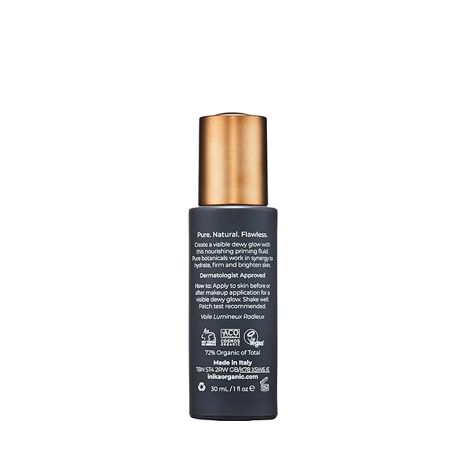 INIKA Organic Radiant Glow | Illuminate & Prime. Dewy, radiant Finish. Beautifying Primer, Nourishing Moisturiser, Finishing Highlighter. 100% Natural, 72% Organic Ingredients. Alcohol Free. 30mL