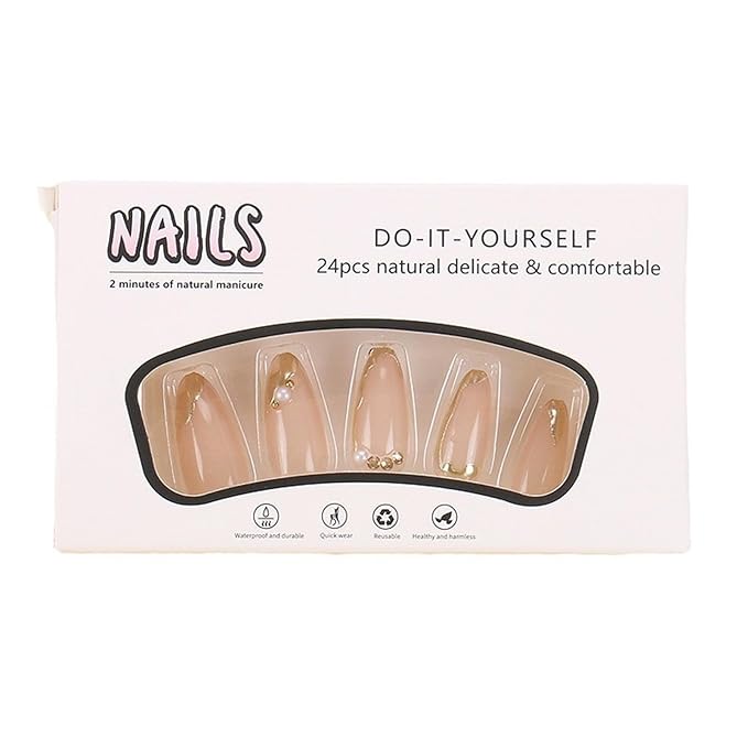 Gold French Tip Press on Nails Medium Almond Fake Nails with Pearl Rhinestone Charms Design 3D Gold Edge False Nails Nude Glue on Nails Elegant Artificial Stick on Nails for Women Girls 24Pcs