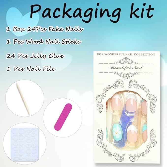 Almond Shaped Press on Nails Short Oval False Nails with Designs Blue White French Tips Glue on Nails Leopard Print Flowers Acrylic Nails Glossy Full Cover Stick on Nails for Women Manicure 24 Pcs