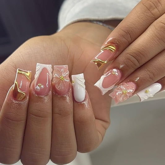 Medium Coffin Press on Nails with 3D Flower Gold lines Nails Press ons Glossy Glue on Nails Pink Acrylic Nails Full Cover Artificial Stick on Nails Reusable for Women 24Pcs