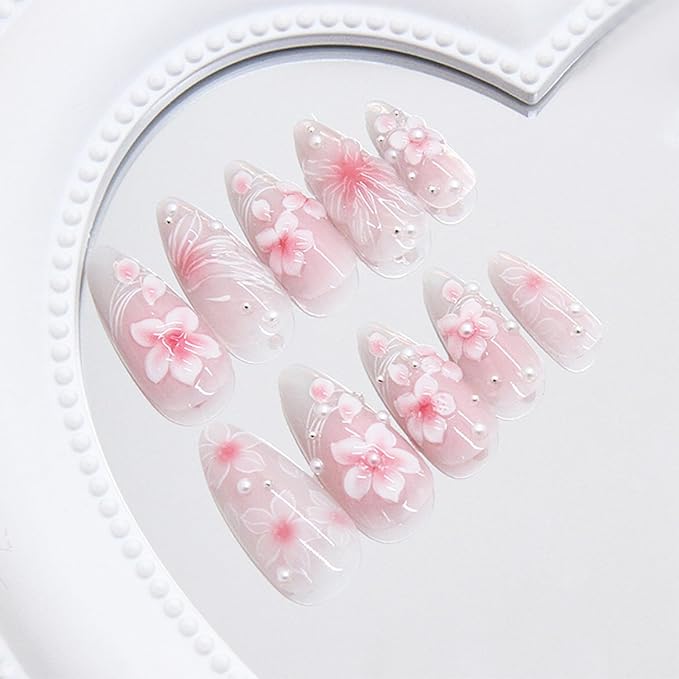 24pcs Pink Flower Press on Nails Medium Almond Fake Nails with 3D Butterfly Pearl Designs Cute Floral False Nails Kit Flowers Acrylic Nail Tips Full Cover Stick on Nails for Women Nail Art Decoration