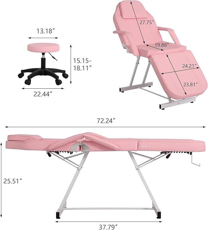 Multipurpose 3-Section Spa Massage Table with Hydraulic Stool, 73-inch Adjustable Tattoo Chair Esthetician Lash Bed with Removable Headrest, Salon Chair Facial Bed for Beauty Barber Massage Equipment