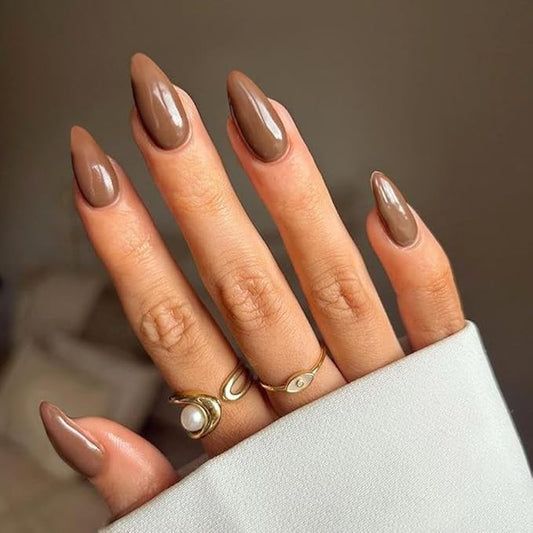 48Pcs Light Brown Press on Nails Almond Fake Nails Glue on Nails Medium Length Almond Shaped Nails Press ons, Stiletto Nails False Nails for Women, Medium Almond Nails, Thick Natural Acrylic Gel Nails