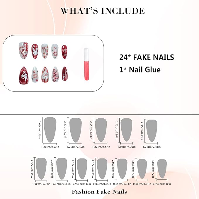 IMRAIN Red Press on Nails Medium Almond Fake Nails Cute Rabbit Acrylic False Nails Full Cover Glossy Glue on Nails Artificial White Stick on Nails for Women Girls 24Pcs