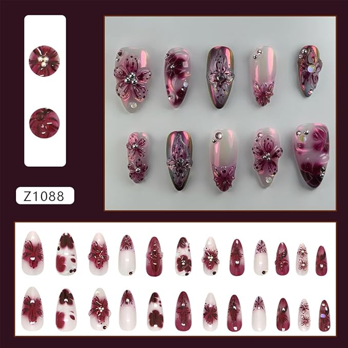 Summer Flower Press on Nails Medium Almond Fake Nails with Rhinestones Designs Full Cover Glue on Nails Artificial 3D Nails Press ons Red Acrylic Nails Reusable Handmade False Nails for Women 24Pcs