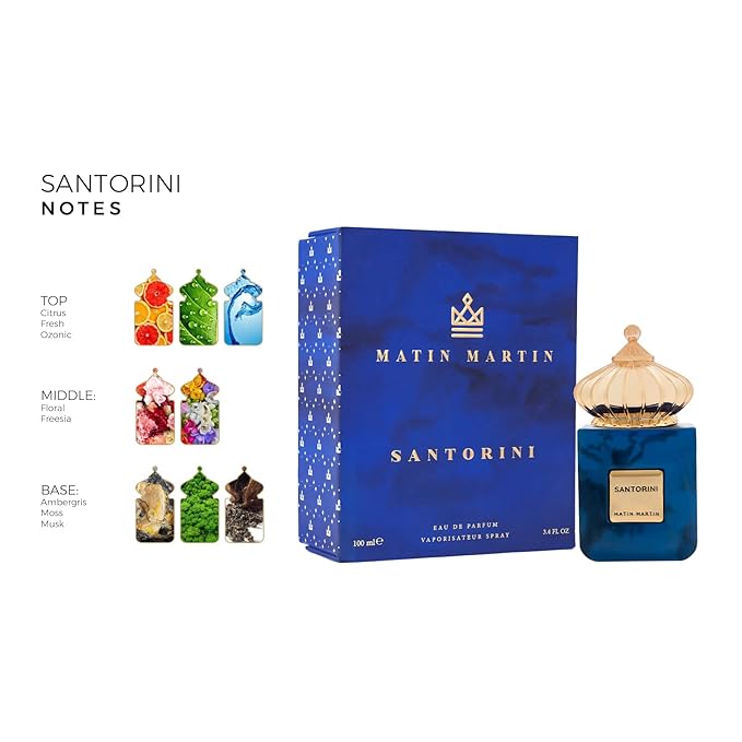 Matin Martin Santorini for Unisex - Arabian Perfume for Women & Men - Long Lasting Spicy Woody Fragrance with Citrus, Floral, Musk, Fresh, Moss Notes - Arabic Cologne - Travel Size - 3.4 oz EDP Spray