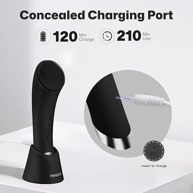 PRITECH Facial Cleansing Brush, Rechargeable Silicone Face Scrubber with Heat Massage End, Vibrating Exfoliator Scrubber for Deep Cleaning, Waterproof Face Brush for Women and Men (Black)