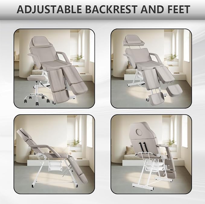 Tattoo Chair with Stool, Facial Bed Adjustable Legs Foldable Facial Chair Spa Bed for Client for Beauty Capacity 330lbs Gray