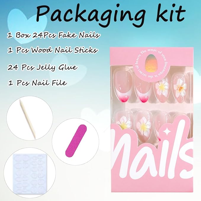 3D Flower Press on Nails Medium Almond Fake Nails Colorful French Tip Acrylic Nails Summer Glue on Nails Almond Shape False Nails Tip Full Cover Artificial Stick on Nails for Women DIY Manicure 24Pcs