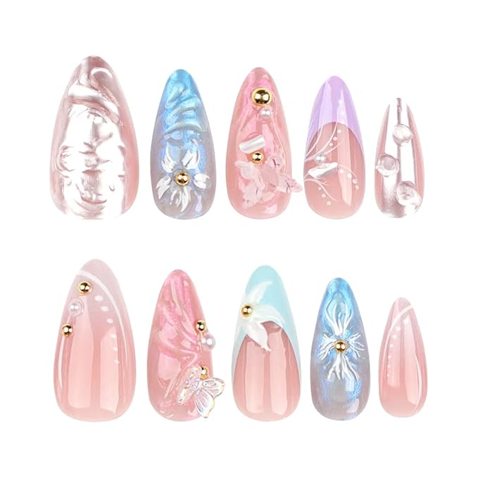 Flower Nail Press ons Butterfly Fake Nails with 3D Design Medium Almond False Nails French Tip Glue on Nials Reusable Artificial Acrylic Full Cover Spring Stick on Nails for Women Girls Manicure 24Pcs