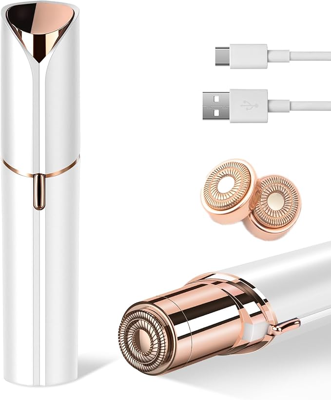 Facial Hair Remover for Women- as Seen on TV Painless Face Shaver -Mini Hair Remover, Electric Razor Shaver Portable Bikini Epilator for Lips, Chin(White+2 Heads)