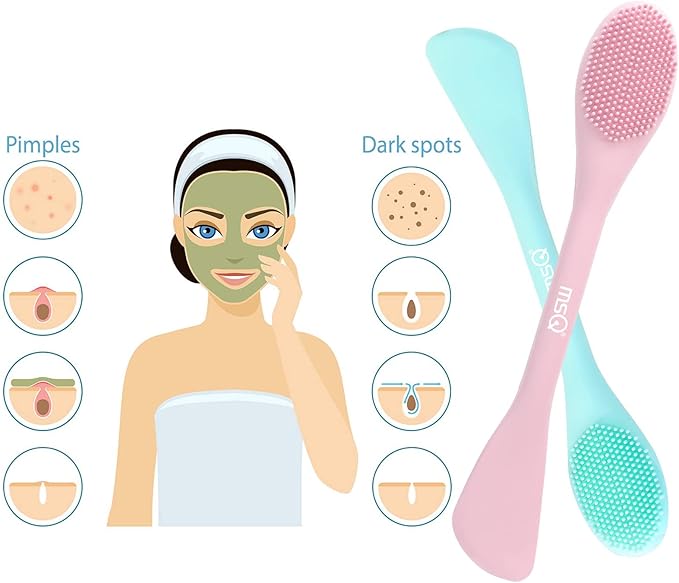 MSQ Silicone Face Mask Brush, Soft Facial Cleansing Scrubber, 2 Pack Double-End Facial Mask Brush for Mud, Clay, Charcoal Mixed Mask, DIY, Skincare Applicator Tools (Pink)