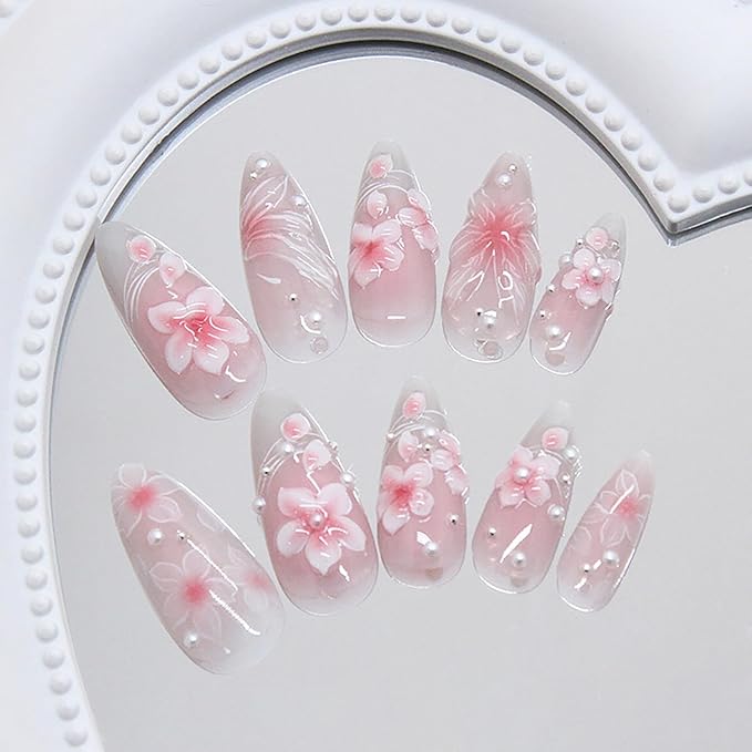 24Pcs Pink Press on Nails Medium Almond Fall Fake Nails with Pearl Glue on Nails 3D Flowers Butterfly Acrylic Nail Tips Gradient French False Nail Full Cover Pink Flower Stick on Nails for Women