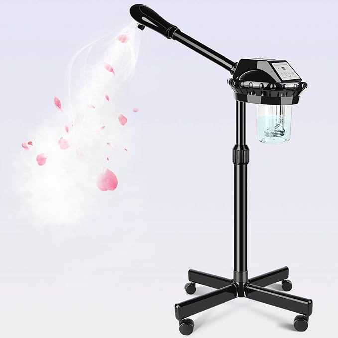 Professional Facial Steamer, Facial Steamer on Wheels, Face Steamer with Time Setting, Stand Face Steamer Adjustable Height for Spa, Salon and at Home use