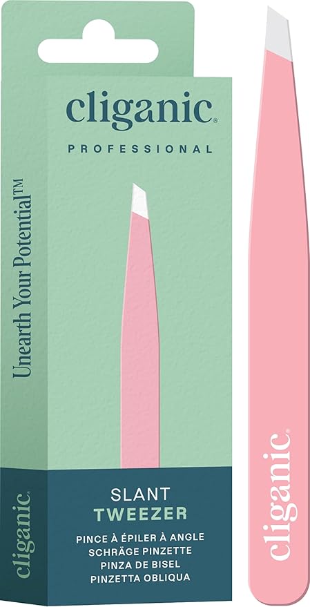 Cliganic Professional Eyebrow Tweezers Slant Tip (Pink) - Precision for Men & Women, Stainless Steel Best for Plucking Chin Facial Hair