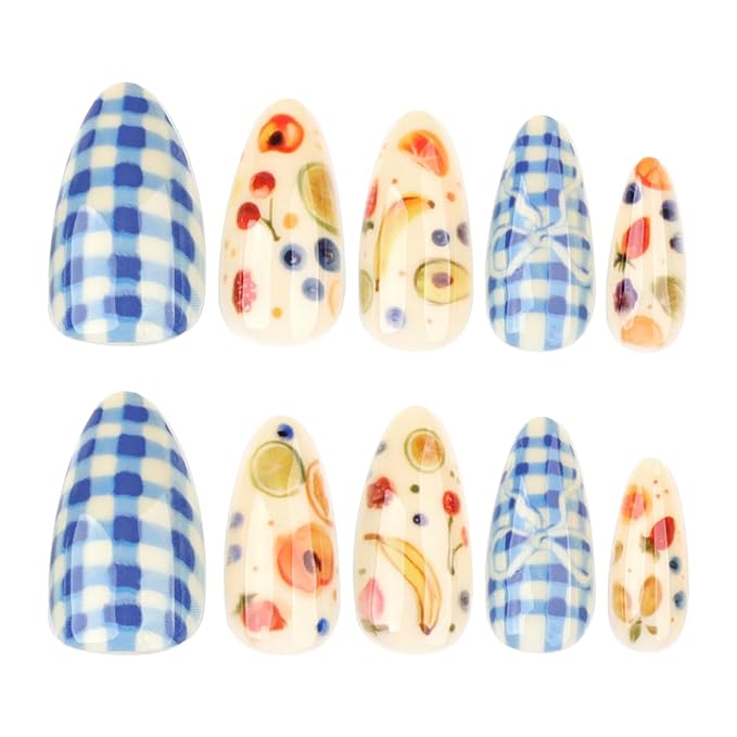24pcs Fruit Press on Nails Medium Almond Fake Nails with Bow Lemon Banana Cherry Blueberry Strawberry Design Summer False Nails Kit Blue White Lattice Glue on Nails Full Cover Stick on Nails for Women