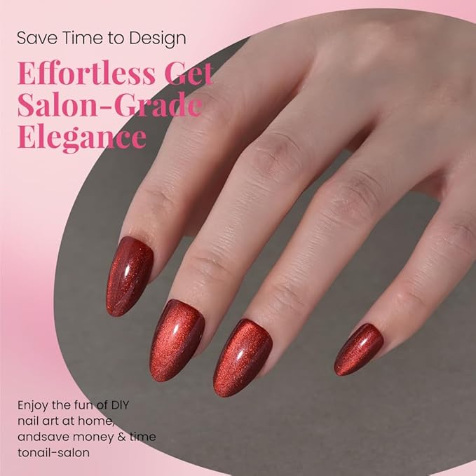 evpct Dark Red Press on Nails Almond Short, Dark Cherry Red Cat Eye Glitter Press on Nails for Women Gift, Soft Gel Press Glue On Nail with Nail Glue, Full Cover, 30Pcs Reusable Acrylic Fake Nails Kit