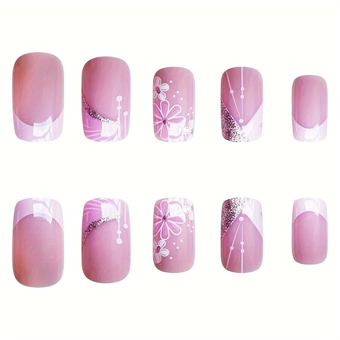 French Tip Press on Nails Short Square Fake Nails Pink Flower False Nails with Design Glitter Line Glue on Nails Full Cover Acrylic Nails Stick on Nails for Women Girls Manicure 24 Pcs