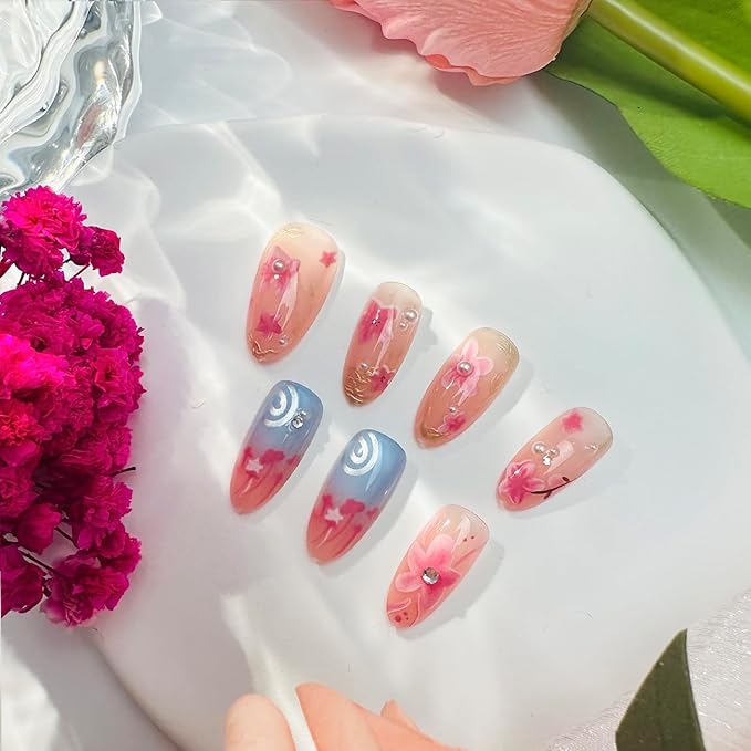30Pcs Summer Almond Press on Nails with Cherry Blossom Pearl Rhinestones Gold French Tips Reusable Fake Nails for Wedding Party, Flowers Nail Art Set, DIY Long Pink Acrylic False Nails for Daily Wear