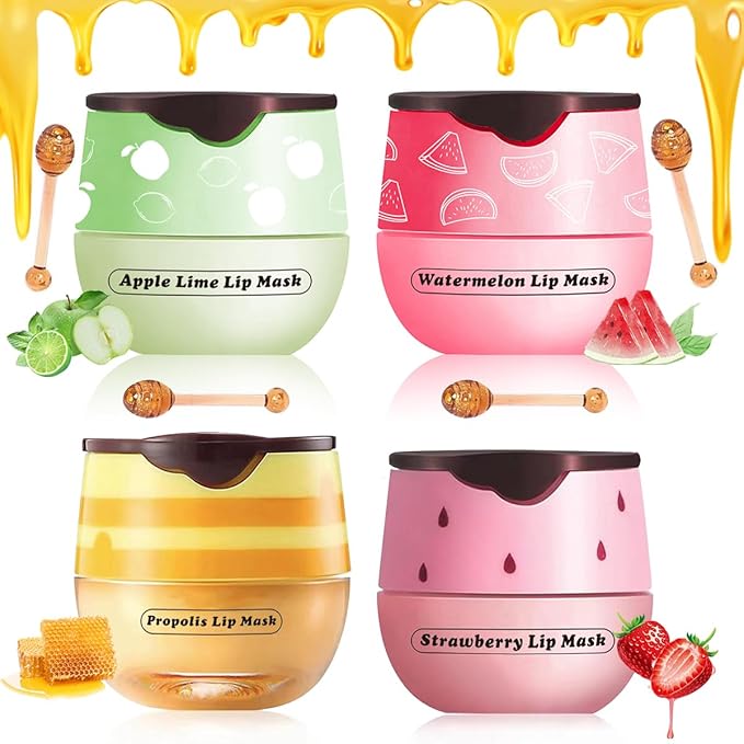 4 Pcs Honey&Strawberry Lip Balm, Apple Watermelon Lip Mask, Moisturizing Lip Sleeping Mask, Hydrate Repair Prevent Dry Cracked Exfoliator Lip Care (Honey+Strawberry+Apple Lime+Watermelon)