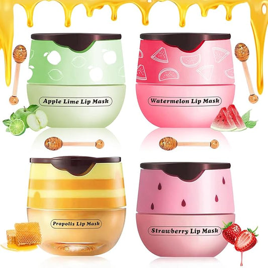 4 Pcs Honey&Strawberry Lip Balm, Apple Watermelon Lip Mask, Moisturizing Lip Sleeping Mask, Hydrate Repair Prevent Dry Cracked Exfoliator Lip Care (Honey+Strawberry+Apple Lime+Watermelon)