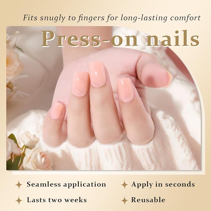 evpct Glossy Nude Pink Press on Nails Short Square for Women Gift, Glossy Pink Fake Nail with Soft Gel Salon Quality Reusable Stick on Nails Full Cover Artificial Nail Glue Soft Gel Set Kit 24Pcs, 03