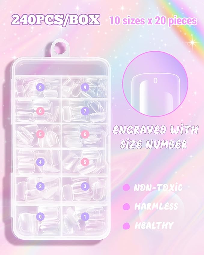 krofaue Kids Nail Tips - 240pcs Children Square Clear Press On Nails for Little Girls 9-12, 10 Sizes Soft Gel Tips Extensions for DIY Decoration